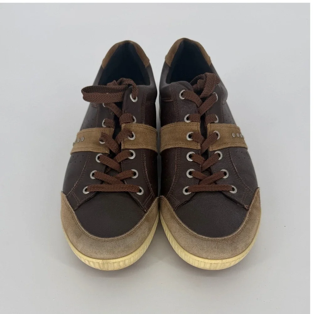 ECCO Mens Brown Leather Suede Low Top Lace Up Sneakers Studded Size 46